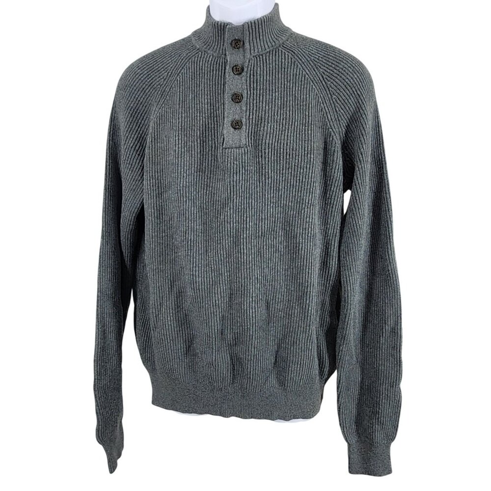 Men's OOBE Sweater Button Mock Neck Large Gray Knit Wool Cotton Blend Pullover